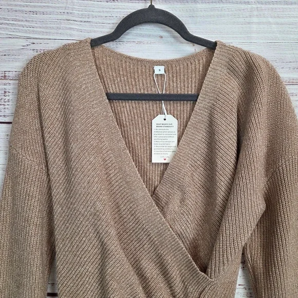 Carmel Brown Parisian Wrap Knit Sweater S Soft Rib Knit Parisian Minimalist NWT - Picture 3 of 9
